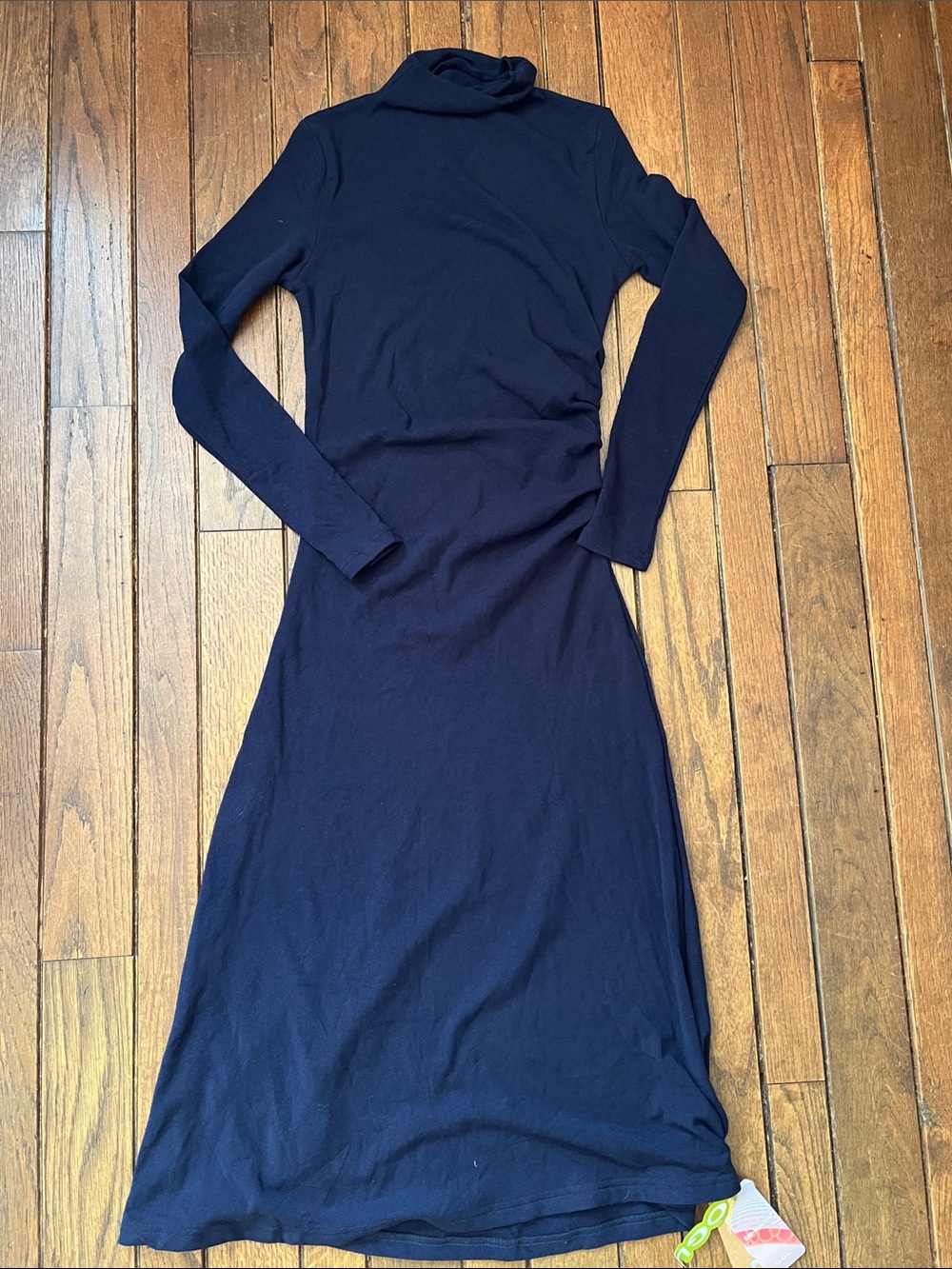 OGL Navy Blue Long Sleeve Mockneck Side Tucks Midi Dress Size Small NWT